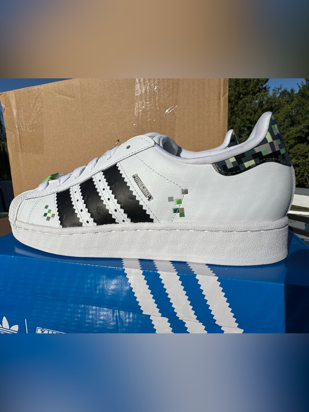 adidas Minecraft Superstar II Sneakers with Black Stripes and Green Pixel Accent